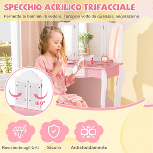 Set Toeletta da Trucco per Bambini, Toeletta Trucco con Specchio Triplo Pieghevole in Acrilico, Sgabello, Cassetto e Accessori, Bianco e Rosa