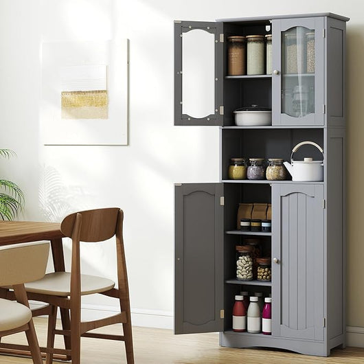 Armadietto Salvaspazio 60 x 30 x 164cm, Mobile Bagno con Scomparti Aperti, Ripiani Regolabili e 2 Porte in Vetro Temprato, Armadio da Bagno per Ufficio, Soggiorno e Camera da Letto (Grigio)