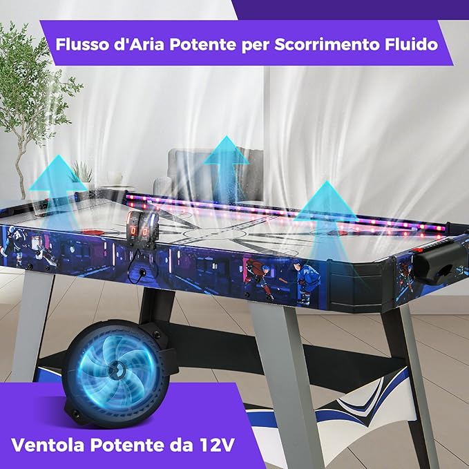 Air Hockey da Tavolo con 2 Spintori e Dischi, Piedini Regolabili, Tavolo da Hockey Alimentato con 12V Motore e Tabellone Segnapunti LED, Tavolo Hockey da Interno 137 x 65 x 86 cm
