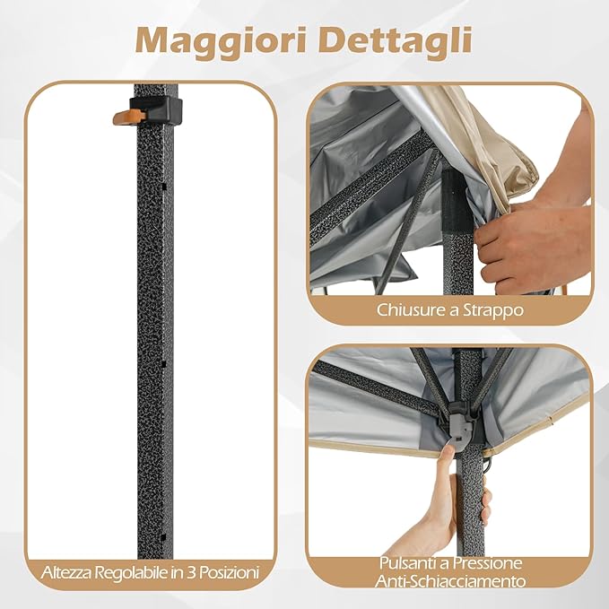 Gazebo Pop-up da Esterno 295 x 295 cm, Gazebo Pieghevole con Borsa da Trasporto, 8 Picchetti, 4 Corde Antivento, 3 Altezze Regolabili, Ideale per Feste, Barbecue, Giardino, Spiaggia (Beige)