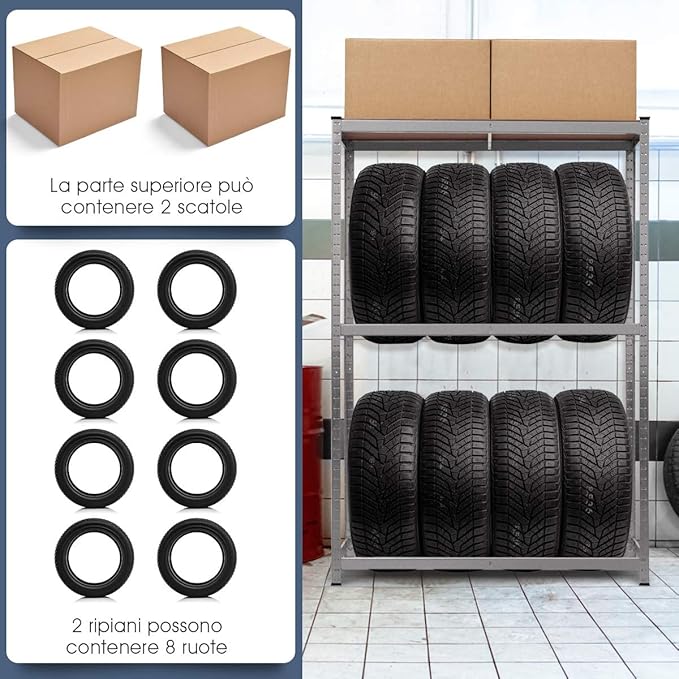 Scaffale Portagomme, Scaffale per Pneumatici in Acciaio 3 Ripiani, Scaffale per 8 Gomme da Officina Garage, 795kg, 120 x 40 x 180 cm