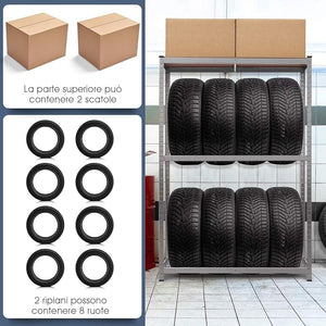 Scaffale Portagomme, Scaffale per Pneumatici in Acciaio 3 Ripiani, Scaffale per 8 Gomme da Officina Garage, 795kg, 120 x 40 x 180 cm