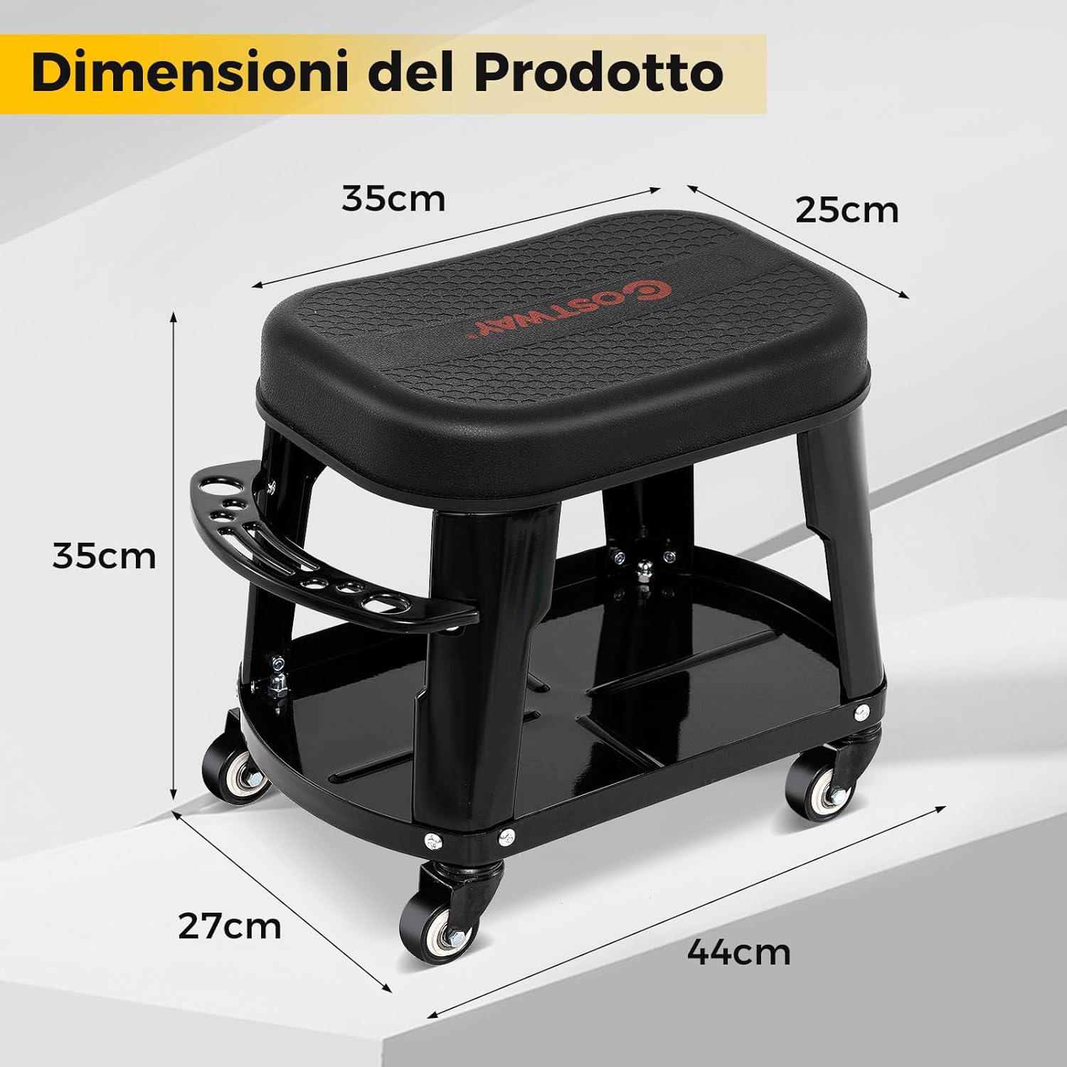Sgabello da Officina con Ruote Universali e Vassoio Porta Attrezzi, Sgabello Meccanico con Maniglia Porta Utensili, Sedia da Garage con Sedile Rimovibile, Portata di 136 kg, 44 x 27 x 35 cm