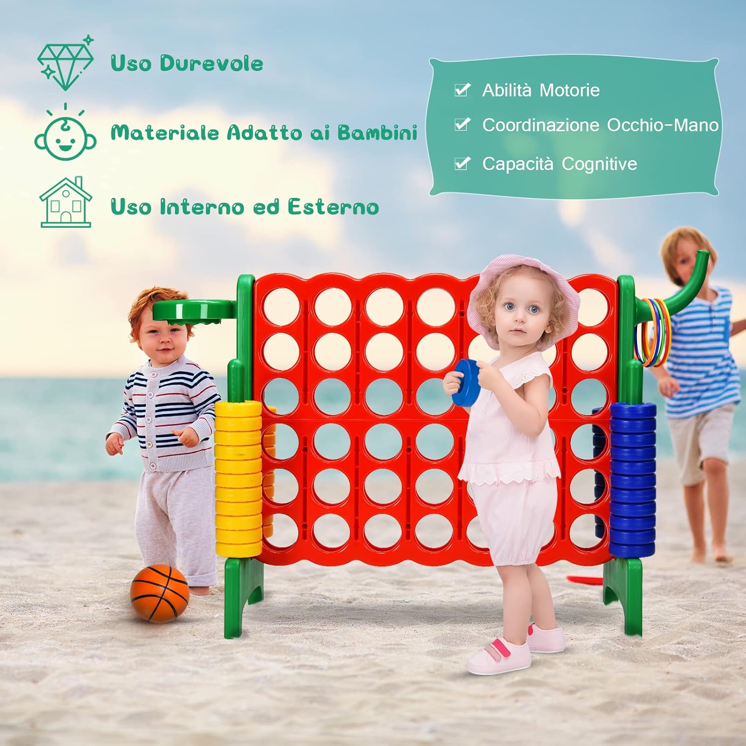 Forza 4 gigante, Set forza 4 per bambini e adulti, Con canestro e gioco di lancio, Perfetto per feste di compleanno e vacanze (Verde)