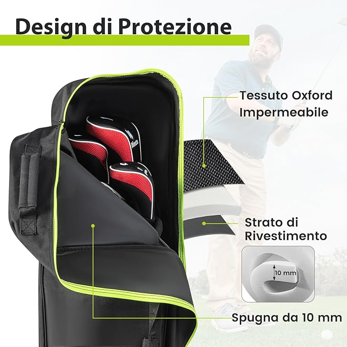 Borsa da Viaggio per Golf con Ruote Morbide, Custodia Resistente all'Usura e Impermeabile in Oxford con Tasca Extra, Zip e Chiave, Copertura Pieghevole per Mazze da Golf