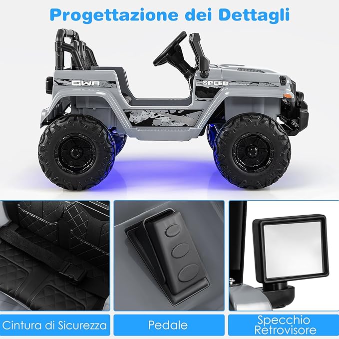 12V Auto per Bambini con Telecomando, Macchina Elettrica con 2 Posti Musica Porta USB e Luce, Velocità Regolabile 2,6-6km/h, per 3-8 Anni (Grigio)