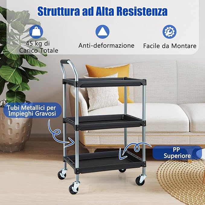 Carrello Utensili a 3 Strati, Carrello Porta Attrezzi con Manico Imbibito e Ruote Universali Bloccabili per Garage, Magazzino, Officina e Cucina, Portata 45 kg, 64 x 40 x 102 cm