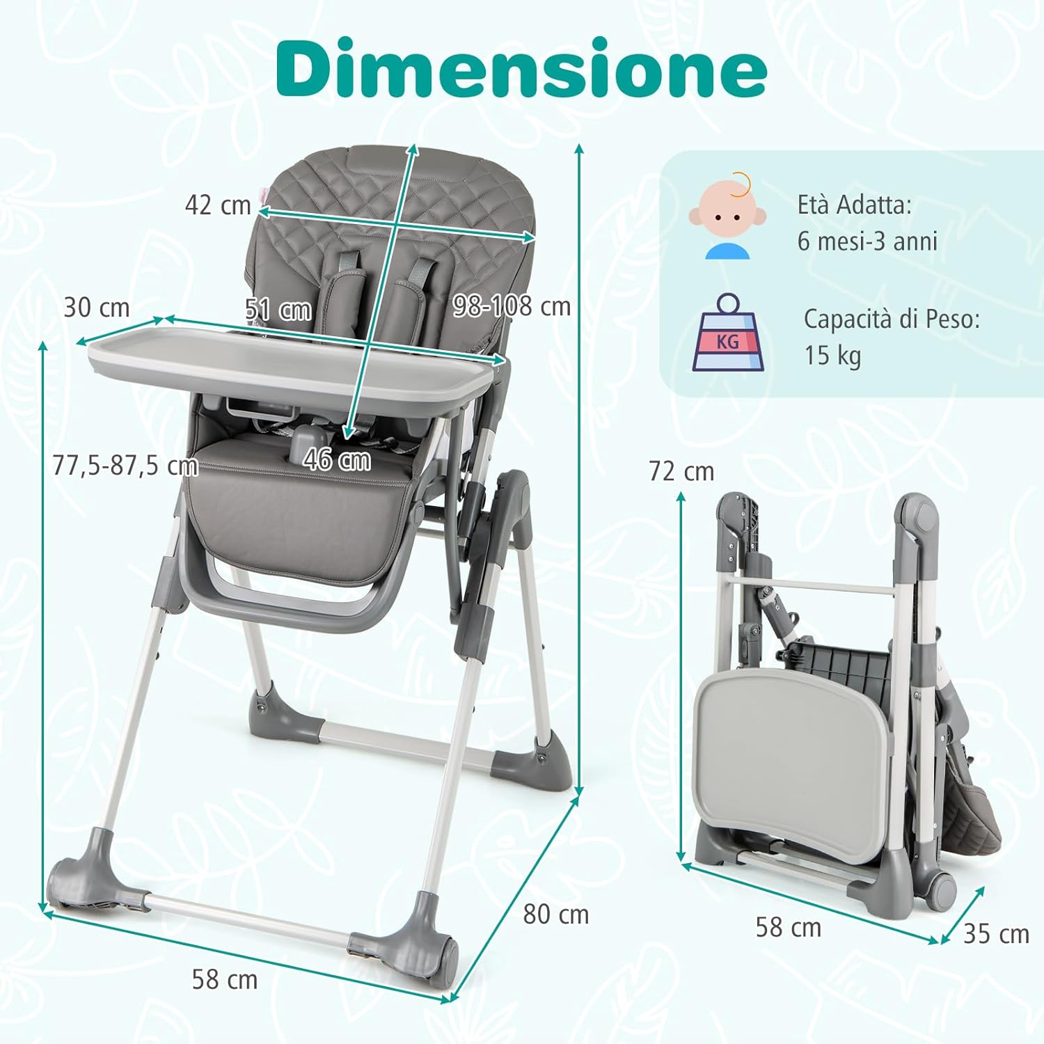 Seggiolone Pieghevole per Bambini, Portatile Regolabile con Poggiapiedi, Seggiolone con Vassoio Staccabile, Cuscino Sede in PU, Cintura di Sicurezzae Ruote Incorporate, Portata 15 kg (Grigio)