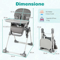 Seggiolone Pieghevole per Bambini, Portatile Regolabile con Poggiapiedi, Seggiolone con Vassoio Staccabile, Cuscino Sede in PU, Cintura di Sicurezzae Ruote Incorporate, Portata 15 kg (Grigio)