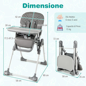 Seggiolone Pieghevole per Bambini, Portatile Regolabile con Poggiapiedi, Seggiolone con Vassoio Staccabile, Cuscino Sede in PU, Cintura di Sicurezzae Ruote Incorporate, Portata 15 kg (Grigio)