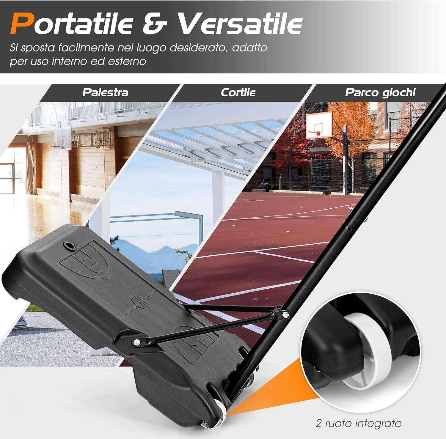 Canestro da Basket Bambini da Esterno, Canestro da Basket Regolabile in 5 Altezze e Portatile con Rete Durevole e Tabellone Infrangibile, 44,5 x 73,5 x 155-210 cm