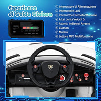 12V Lamborghini Macchina Elettrica per Bambini, Veicolo Elettrico con Telecomando Sospensione a Molla Luci LED MP3, 3-5 km/h, per Bambini 3 Anni+ (Bianco)