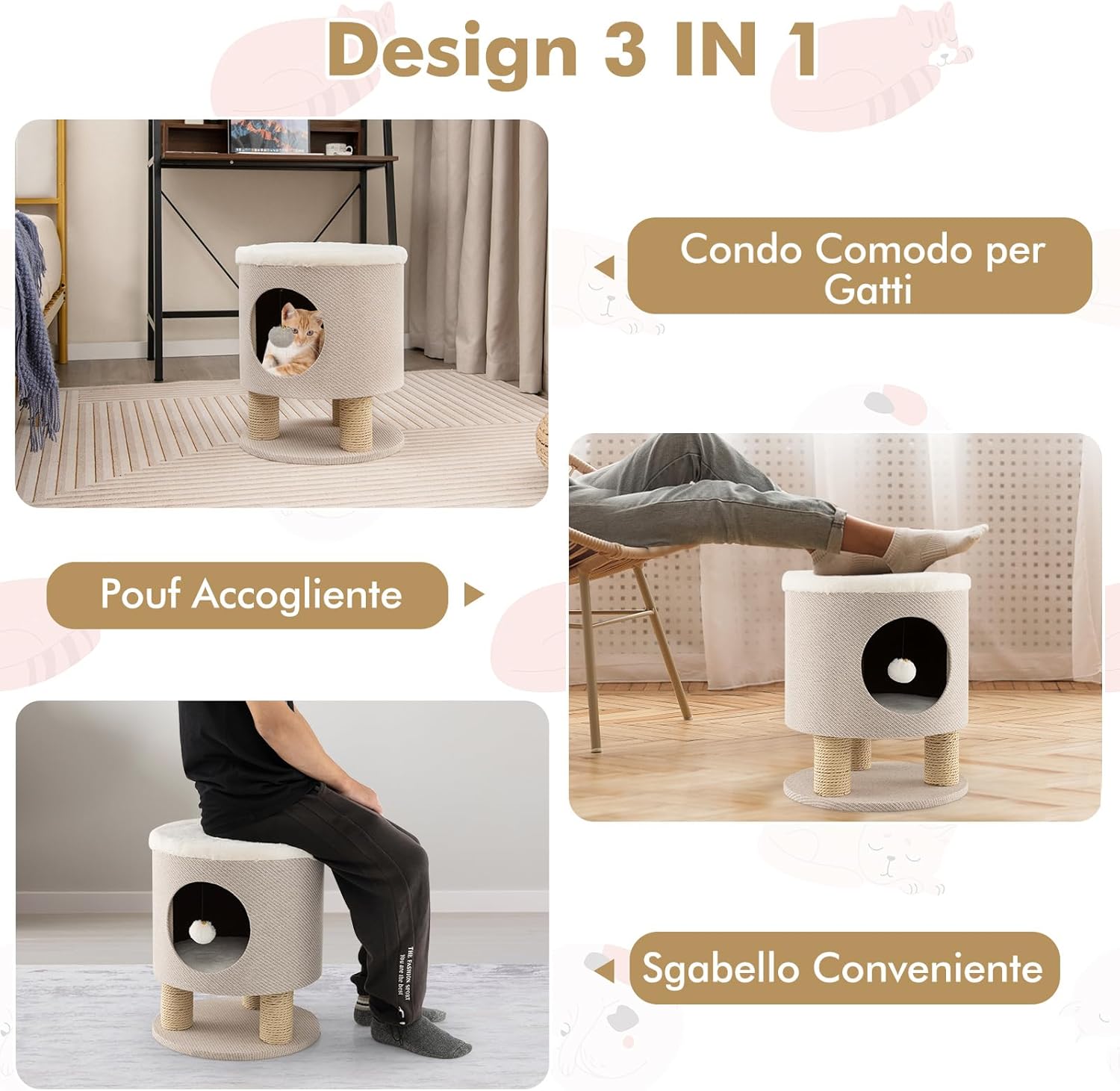 Casetta per Animali Domestici, Cuccia per Gatti con Pali Tiragraffi e Pallina di Peluche, Mobile Multiuso 3-IN-1 per Gatti Piccoli e Medi (Beige)