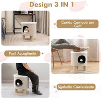 Casetta per Animali Domestici, Cuccia per Gatti con Pali Tiragraffi e Pallina di Peluche, Mobile Multiuso 3-IN-1 per Gatti Piccoli e Medi (Beige)