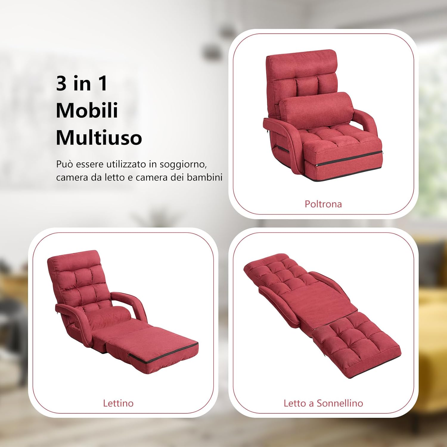 Poltrona Divano con 5 Livelli Regolabili, Sedia da Terra con Braccioli e Cuscino, Struttura in Acciaio, Multifunzione e Pieghevole per Soggiorno Camera da Letto, 55x66x71 cm (Rosso)