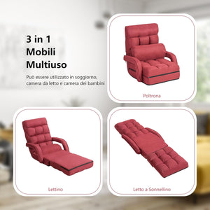Poltrona Divano con 5 Livelli Regolabili, Sedia da Terra con Braccioli e Cuscino, Struttura in Acciaio, Multifunzione e Pieghevole per Soggiorno Camera da Letto, 55x66x71 cm (Rosso)