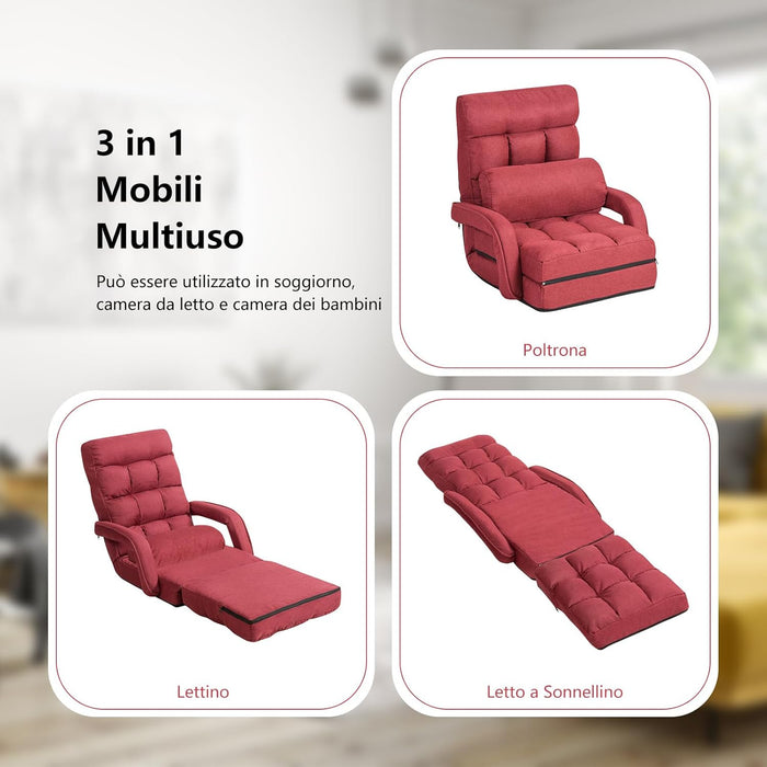 Poltrona Divano con 5 Livelli Regolabili, Sedia da Terra con Braccioli e Cuscino, Struttura in Acciaio, Multifunzione e Pieghevole per Soggiorno Camera da Letto, 55x66x71 cm (Rosso)