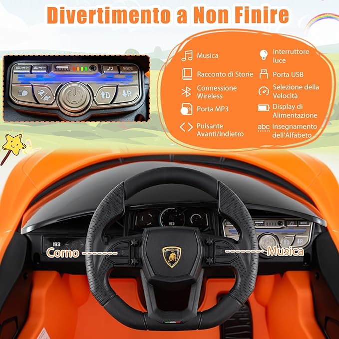Lamborghini 12V Auto Elettrica per Bambini, Veicolo Elettrico Cavalcabile con Telecomando Luci LED Musica, 3-5 Km/h, per Bambini 37-95 Mesi (Arancia)