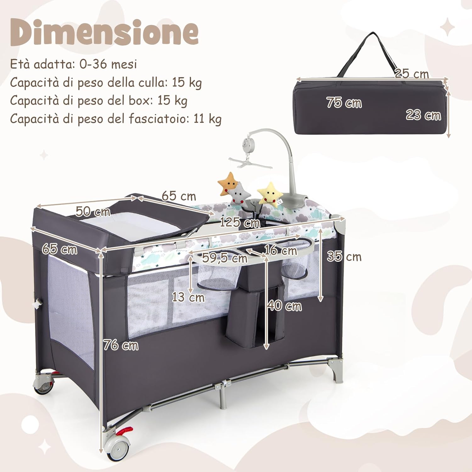 4 in 1 Lettino per Bambini con Materasso, Lettino Culla da Viaggio per Neonati, Culla Neonato con Fasciatoio, Box Portatile Pieghevole, con Ruote e Borsa, 125 x 65 x 119 cm (Grigio)