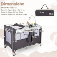 4 in 1 Lettino per Bambini con Materasso, Lettino Culla da Viaggio per Neonati, Culla Neonato con Fasciatoio, Box Portatile Pieghevole, con Ruote e Borsa, 125 x 65 x 119 cm (Grigio)
