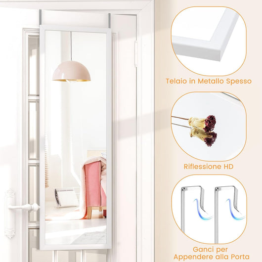 Specchio da Parete Lungo 108 x 36,5 cm, Specchio a Figura Intera Appendere con Cornice in Legno e Ganci, 2 Metodi di Montaggio e Altezza Regolabile (Bianco)
