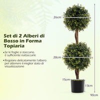 Set di 2 Alberi Artificiali con Tronco Solido da 90 cm, Muschio Naturale e Vaso Stabile Riempito di Cemento, Arbusto Finto Protetto dal Sole per Decorazione Interna ed Esterna