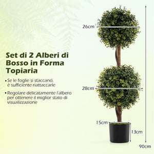 Set di 2 Alberi Artificiali con Tronco Solido da 90 cm, Muschio Naturale e Vaso Stabile Riempito di Cemento, Arbusto Finto Protetto dal Sole per Decorazione Interna ed Esterna