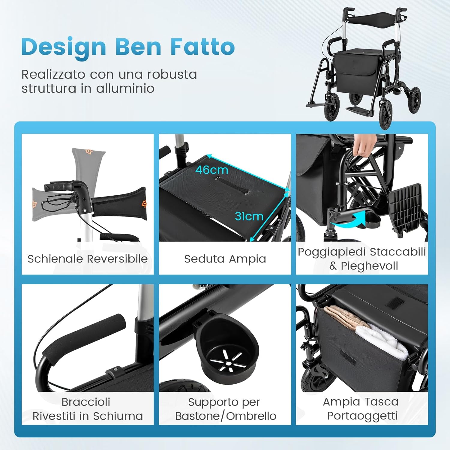 2 in 1 Deambulatore Pieghevole e Sedie a Rotelle per Anziani in Alluminio, Rollator Altezza Regolabile con Seduta e Freni, Girello per Anziani con Ruote Robuste, Carico Massimo 140 kg (Nero)