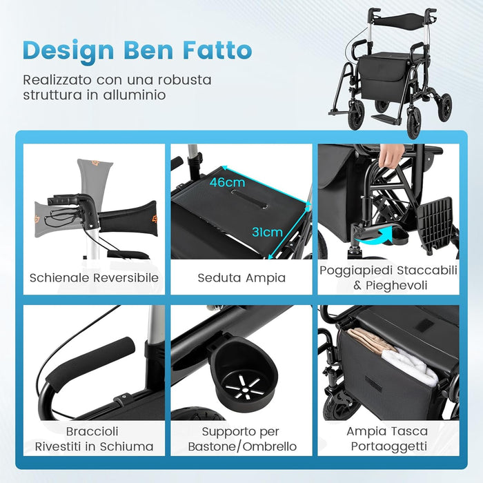 2 in 1 Deambulatore Pieghevole e Sedie a Rotelle per Anziani in Alluminio, Rollator Altezza Regolabile con Seduta e Freni, Girello per Anziani con Ruote Robuste, Carico Massimo 140 kg (Nero)