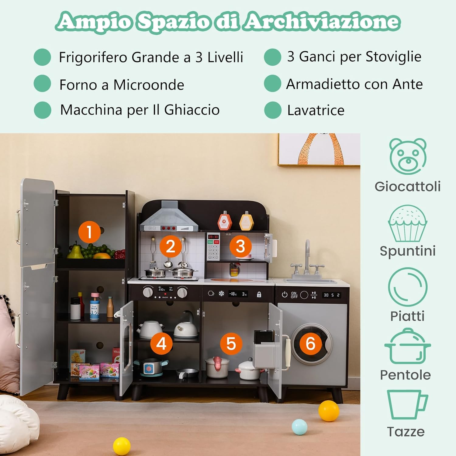 Cucina Giocattolo per Bambini, Cucina per Bambini con Frigorifero, Macchina del Ghiaccio, Lavatrice, Forno, Microonde, Lavello e Rubinetto, Con Luci e Suoni, per Bambini 3+ Anni (Marrone)