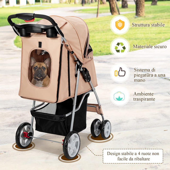 Passeggino per Cani Pieghevole, Carrozzina per Cani a 4 Ruote con Finestra a Rete Porta Bicchiere e Cesto, Passeggino Portatile per Animali Piccola e Media (Beige)