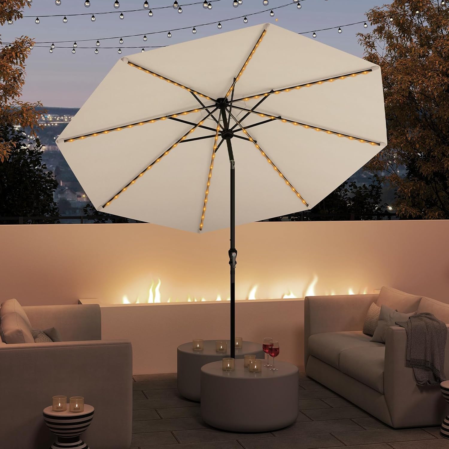 Ombrellone da Esterno 288 cm, con 96 Luci LED, Ombrellone Giardino con Inclinazione Regolabile, Manovella, 8 Stecche e Top Ventilato, Parasole da Mercato per Giardino Spiaggia (Beige)
