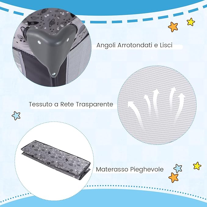 3-in-1 Lettino da Campeggio per Bambini, Lettino Portatile per Neonati con Fasciatoio, Culla Pieghevole con Materasso e Borsa da Trasporto, 2 Ruote Bloccabili, per Bambini 0-36 Mesi