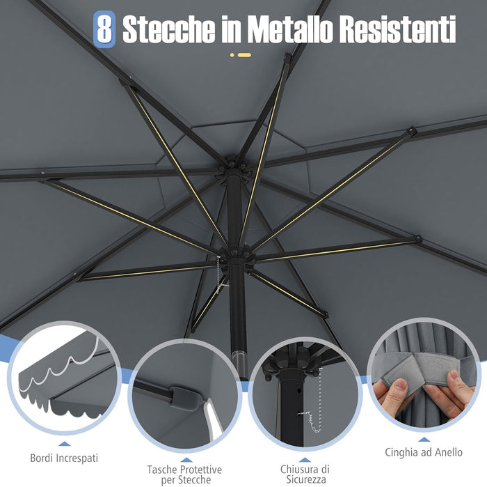 Ombrellone da Giardino 300 cm, Ombrellone Esterno con Manovella, Inclinazione Regolabile, Parasole Pieghevole con Doppio Tetto, 8 Stecche, per Giardino Piscina Patio (Grigio)