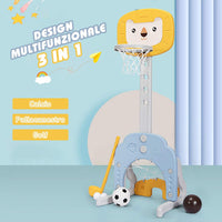 Basket per Bambini Centro attivita Multifunzione - Palla Canestro, Calcio e Golf, Mazza da Golf e Palle incluese, per Bambini, Altezza Regolabile (Leone Giallo)