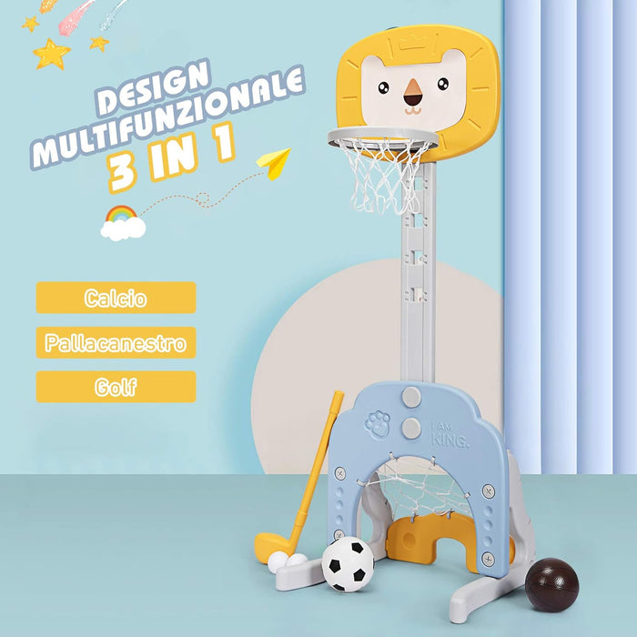 Basket per Bambini Centro attivita Multifunzione - Palla Canestro, Calcio e Golf, Mazza da Golf e Palle incluese, per Bambini, Altezza Regolabile (Leone Giallo)