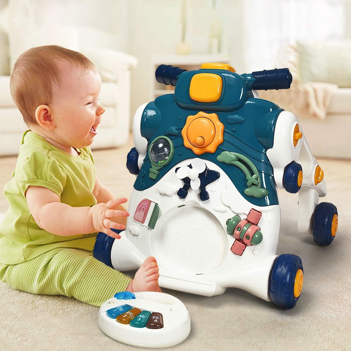 3 in 1 Primi Passi Cavalcabile Spingibile, Giocattolo Educativo con Musica e Luci, con 4 Ruote Antiscivolo, Ideale per Bambini 6-36 Mesi (Blu)