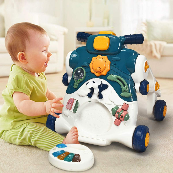 3 in 1 Primi Passi Cavalcabile Spingibile, Giocattolo Educativo con Musica e Luci, con 4 Ruote Antiscivolo, Ideale per Bambini 6-36 Mesi (Blu)