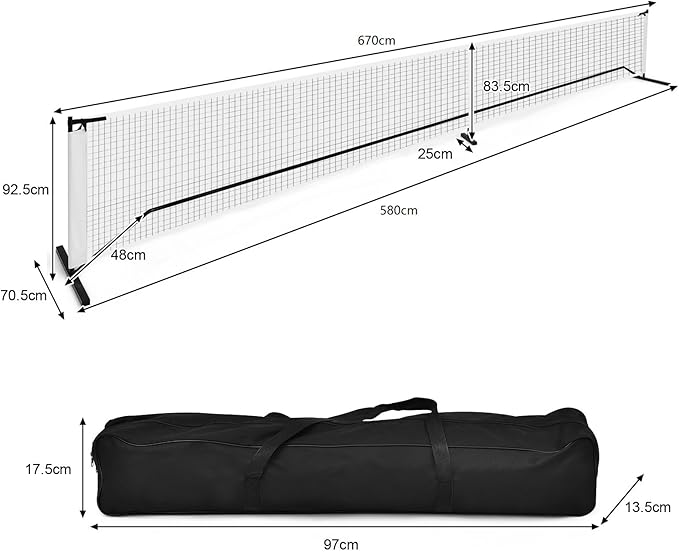 Rete Pickleball Portatile da 670 CM, con Tubolari Metallici, Rete Resistente in Poliestere e Borsa in Tessuto Oxford, Set per Giochi di Palla da Interno ed Esterno