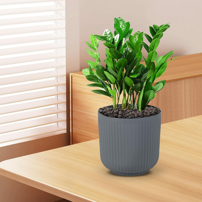 Set di Vasi Rotondi in Plastica, 2 Vasi per Fiori a Strisce con Sistema di Drenaggio Opzionale, Vasi Decorativi per Piante da Interni ed Esterni per Veranda, Giardino e Balcone