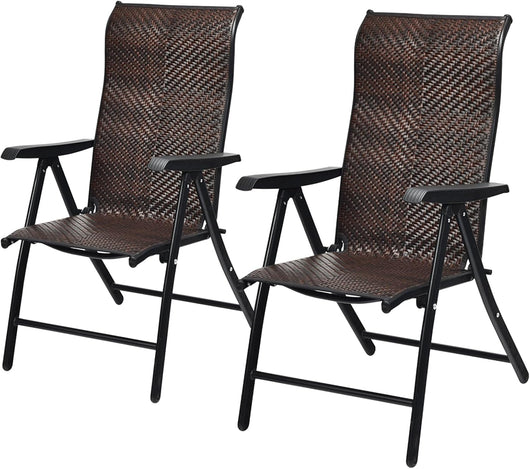 Set di 2 Sedie Pieghevoli in Rattan, Sedie Portatili in Vimini con Braccioli e Schienale Alto Regolabile, Ideale per Casa Cortile Giardino Balcone, Carico Massimo: 102 kg