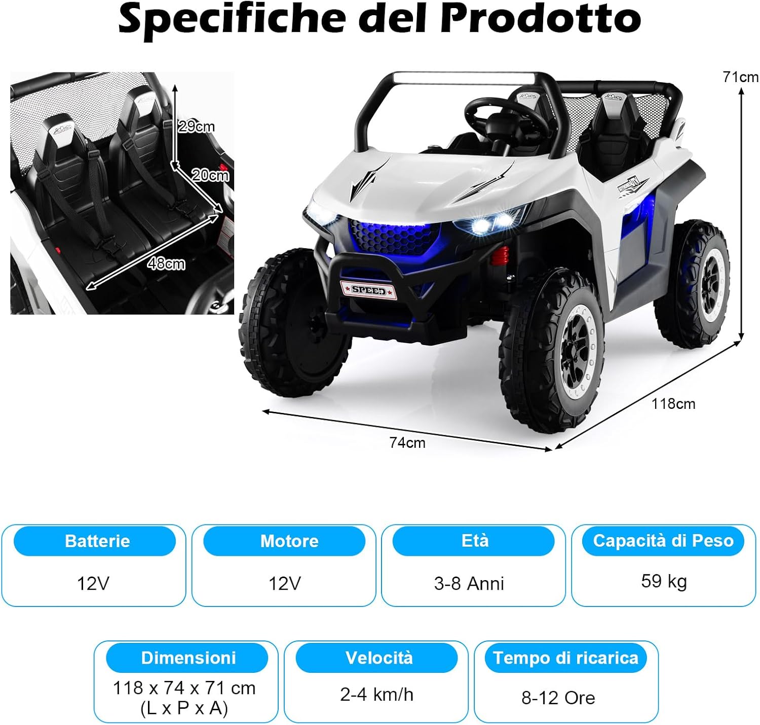 12V Auto Elettrico per Bambini, Macchina Fuoristrada a 2 Posti, Macchina Elettrica con Luci Suoni, Regalo per Bambini 3-8 Anni, 118x74x71 cm (Bianco)
