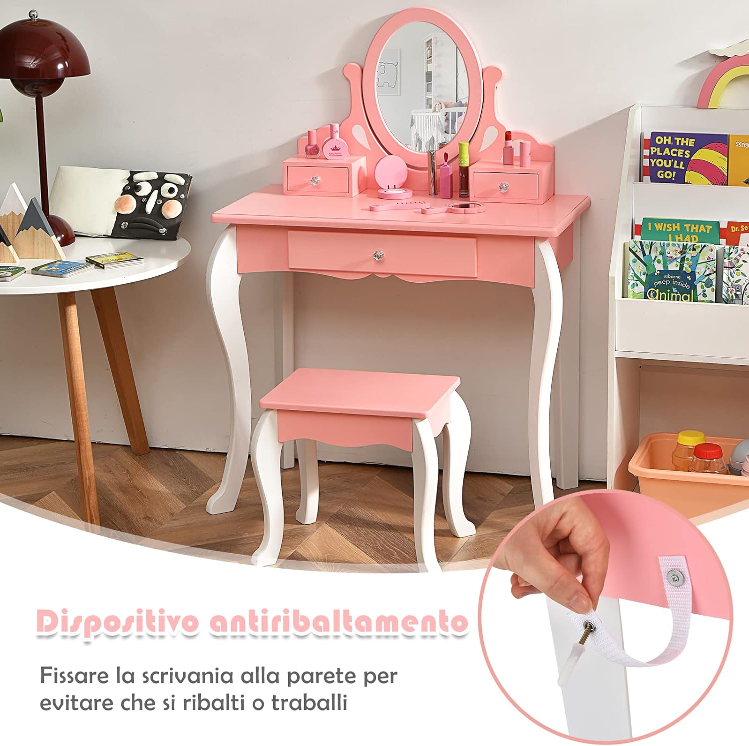 Toeletta Trucco con Sgabello per Bambini, Toeletta Trucco Bambina con Specchio Girevole a 360° e 3 Cassetti, 2-in-1 Postazione Trucco, 3+ Anni (Rosa)