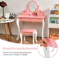 Toeletta Trucco con Sgabello per Bambini, Toeletta Trucco Bambina con Specchio Girevole a 360° e 3 Cassetti, 2-in-1 Postazione Trucco, 3+ Anni (Rosa)