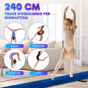 Trave Ginnastica Artistica per Casa 210/240 cm, Trave Pieghevole per Bambini con Maniglia, Base in Legno e Fondo Antiscivolo, Trave di Equilibrio da Pavimento
