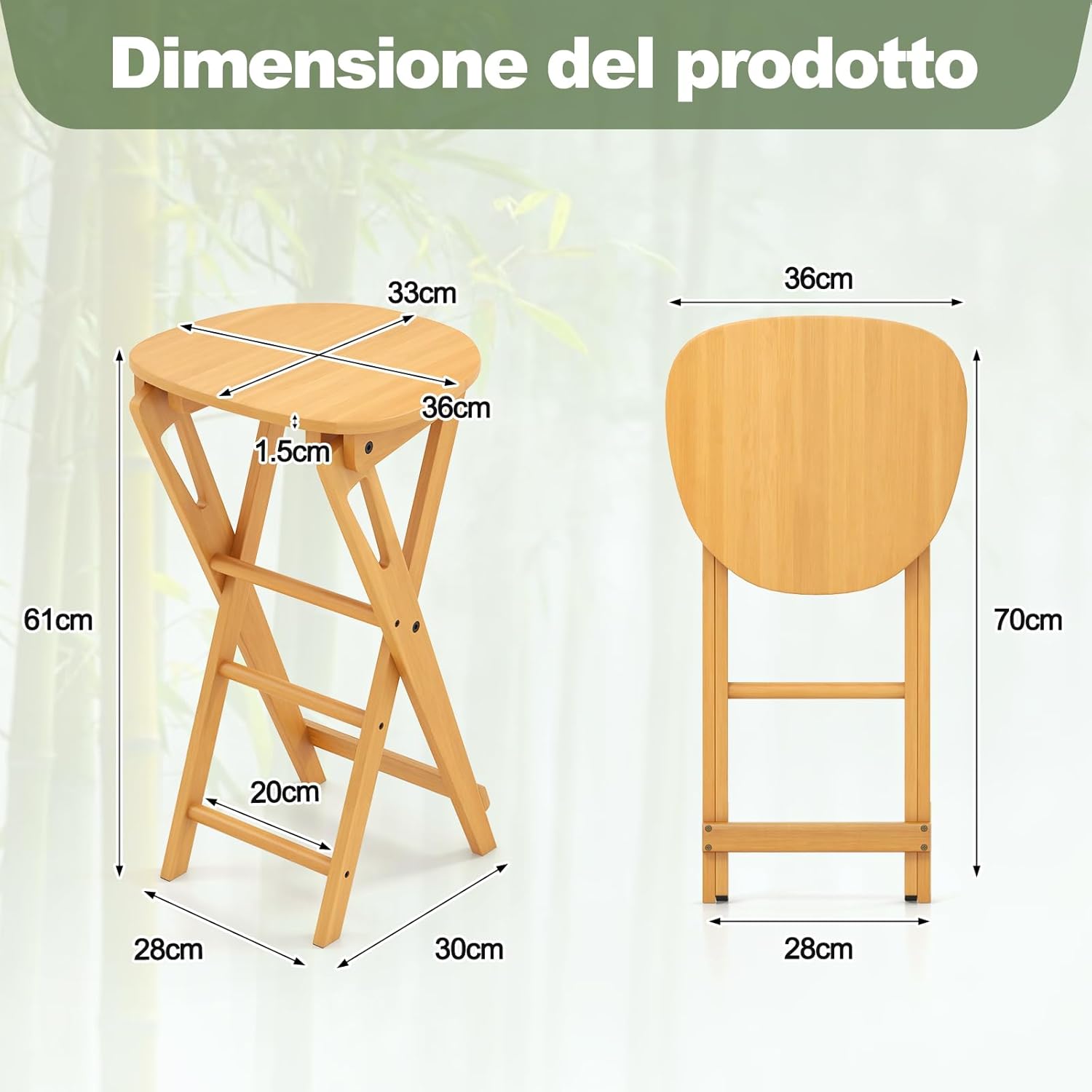 Set di 2 Sgabelli Pieghevoli Alti, Sgabelli Bar in Bambù Leggeri e Portatili con Poggiapiedi e Sedile Ampio, Sgabelli Alti da Bar Penisola Cucina, 36 x 33 x 61 cm
