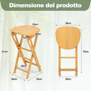 Set di 2 Sgabelli Pieghevoli Alti, Sgabelli Bar in Bambù Leggeri e Portatili con Poggiapiedi e Sedile Ampio, Sgabelli Alti da Bar Penisola Cucina, 36 x 33 x 61 cm