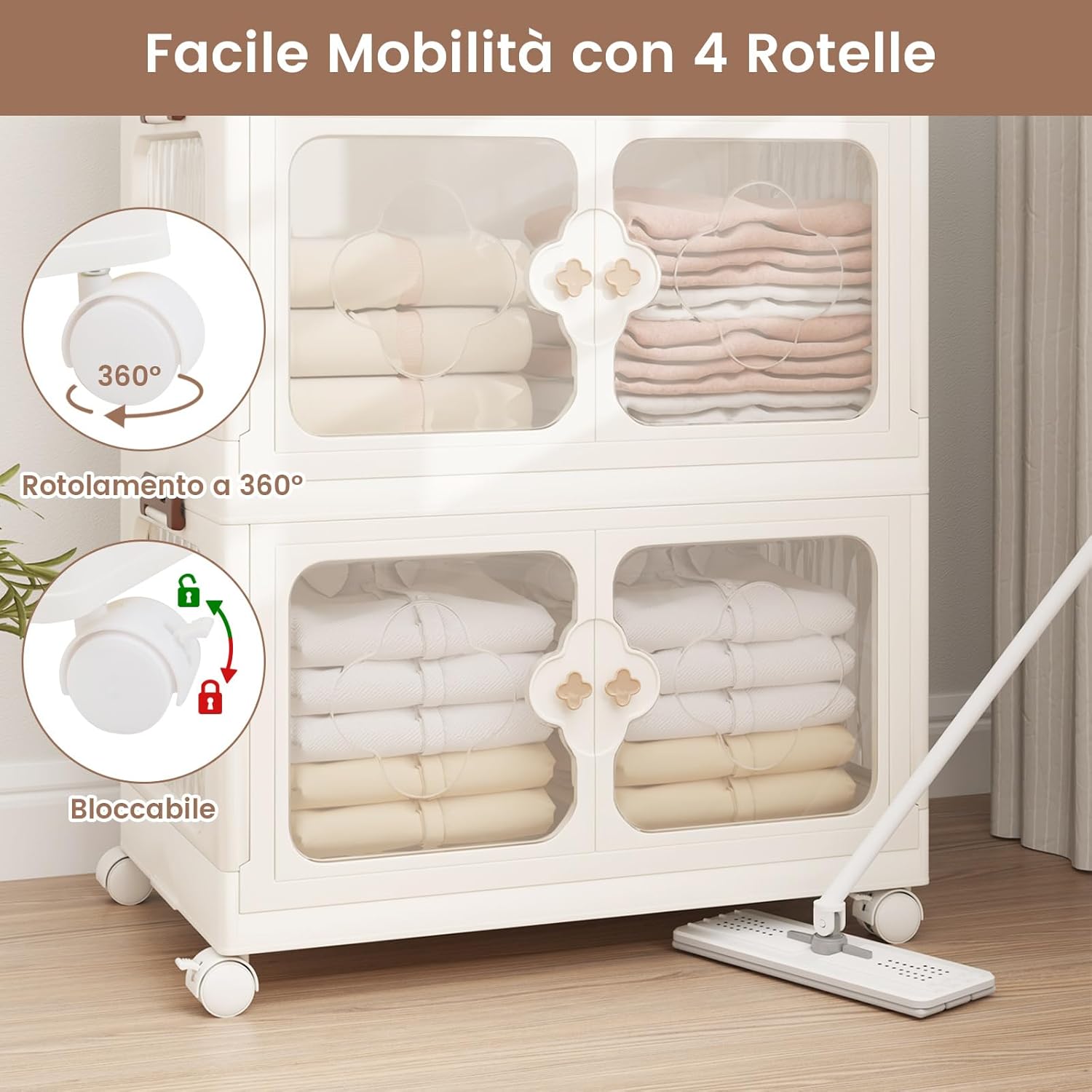 Scatole Immagazzinaggio Impilabili e Pieghevole con Ruote, Armadietto a 3 Ripiani con Ante e Coperchio, Contenitore Trasparente per Camera da Letto e Soggiorno, Bianco (59,5 x 35,5 x 99 cm)