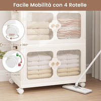 Scatole Immagazzinaggio Impilabili e Pieghevole con Ruote, Armadietto a 3 Ripiani con Ante e Coperchio, Contenitore Trasparente per Camera da Letto e Soggiorno, Bianco (59,5 x 35,5 x 99 cm)
