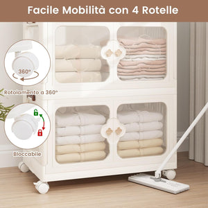 Scatole Immagazzinaggio Impilabili e Pieghevole con Ruote, Armadietto a 3 Ripiani con Ante e Coperchio, Contenitore Trasparente per Camera da Letto e Soggiorno, Bianco (59,5 x 35,5 x 99 cm)